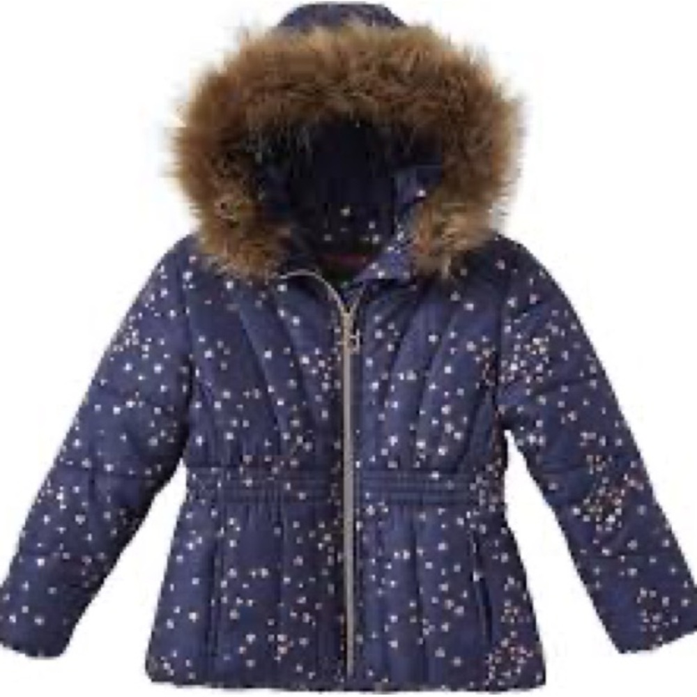 Navy Puffer Jacket with Gold Heart Print
